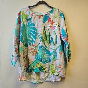 Sharon Young Linen Tropical Floral Print Womens Tunic Button Back & Ruched Sleev